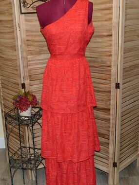 Layered with Love Red M One Shoulder Tiered Maxi Dress